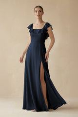 Square Neck A - Line Bridesmaid Dress with Ruffles in Dark Navy - KISS BRIDAL Bridesmaid Dresses
