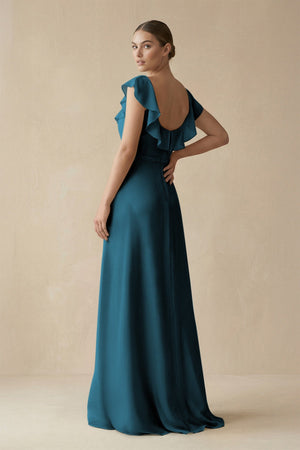 Square Neck A - Line Bridesmaid Dress with Ruffles in Dark Teal - KISS BRIDAL Bridesmaid Dresses