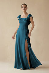 Square Neck A - Line Bridesmaid Dress with Ruffles in Dark Teal - KISS BRIDAL Bridesmaid Dresses