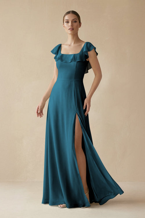 Square Neck A - Line Bridesmaid Dress with Ruffles in Dark Teal - KISS BRIDAL Bridesmaid Dresses