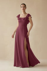 Square Neck A-Line Bridesmaid Dress with Ruffles in Desert Rose | KISSBRIDAL