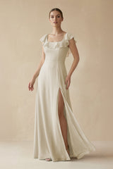 Square Neck A - Line Bridesmaid Dress with Ruffles in Dove Gray - KISS BRIDAL Bridesmaid Dresses