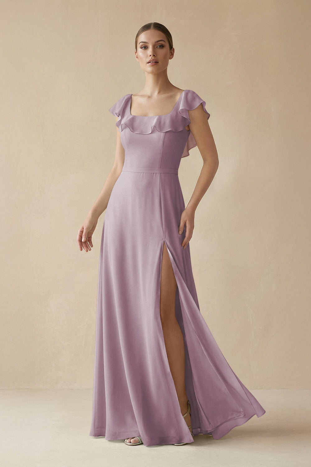 Square Neck A - Line Bridesmaid Dress with Ruffles in Dusk - KISS BRIDAL Bridesmaid Dresses