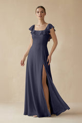 Square Neck A - Line Bridesmaid Dress with Ruffles in Dusk Blue - KISS BRIDAL Bridesmaid Dresses