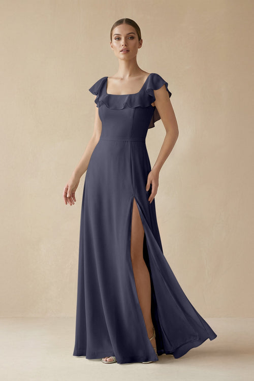 Square Neck A - Line Bridesmaid Dress with Ruffles in Dusk Blue - KISS BRIDAL Bridesmaid Dresses