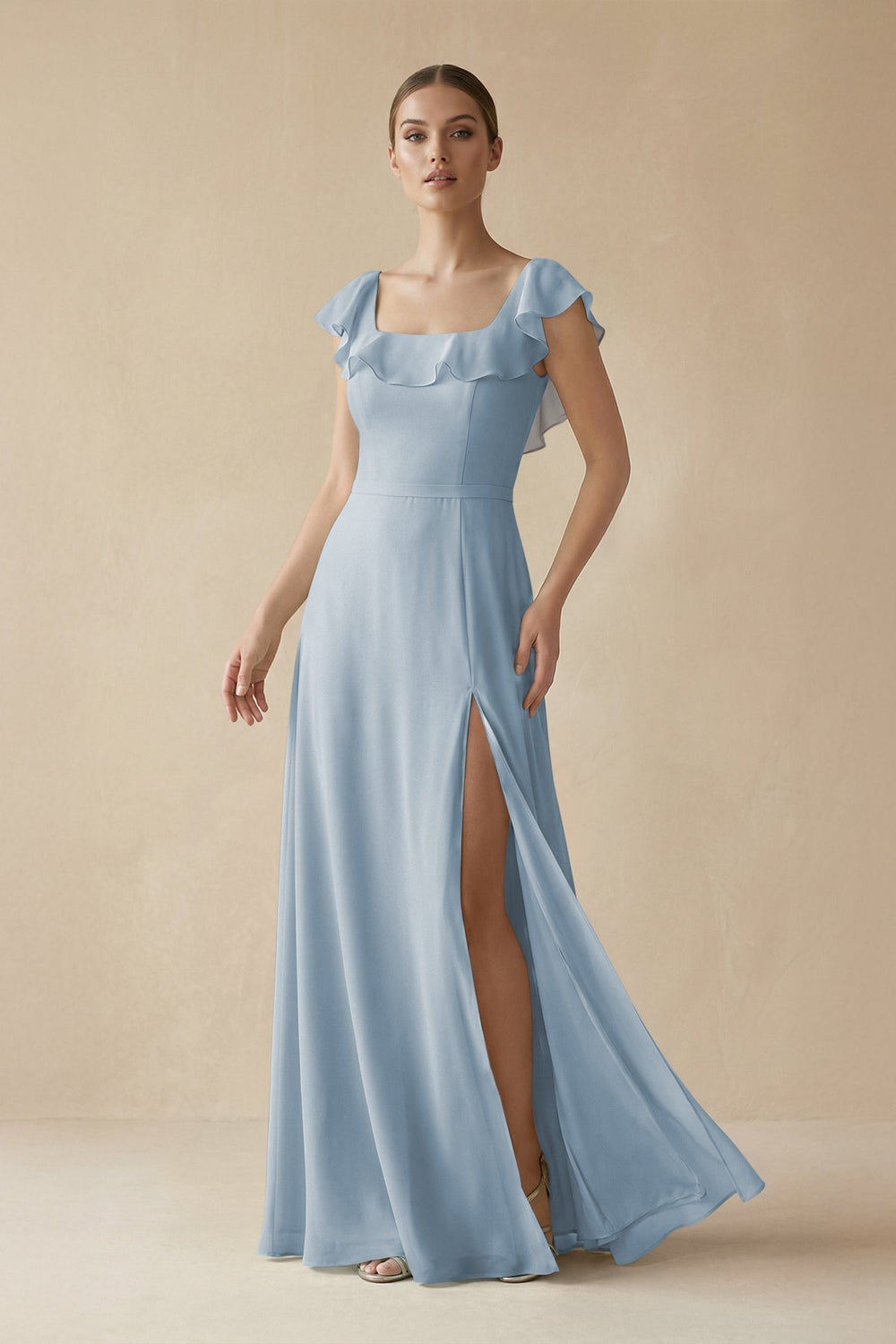 Square Neck A - Line Bridesmaid Dress with Ruffles in Dusty Blue - KISS BRIDAL Bridesmaid Dresses