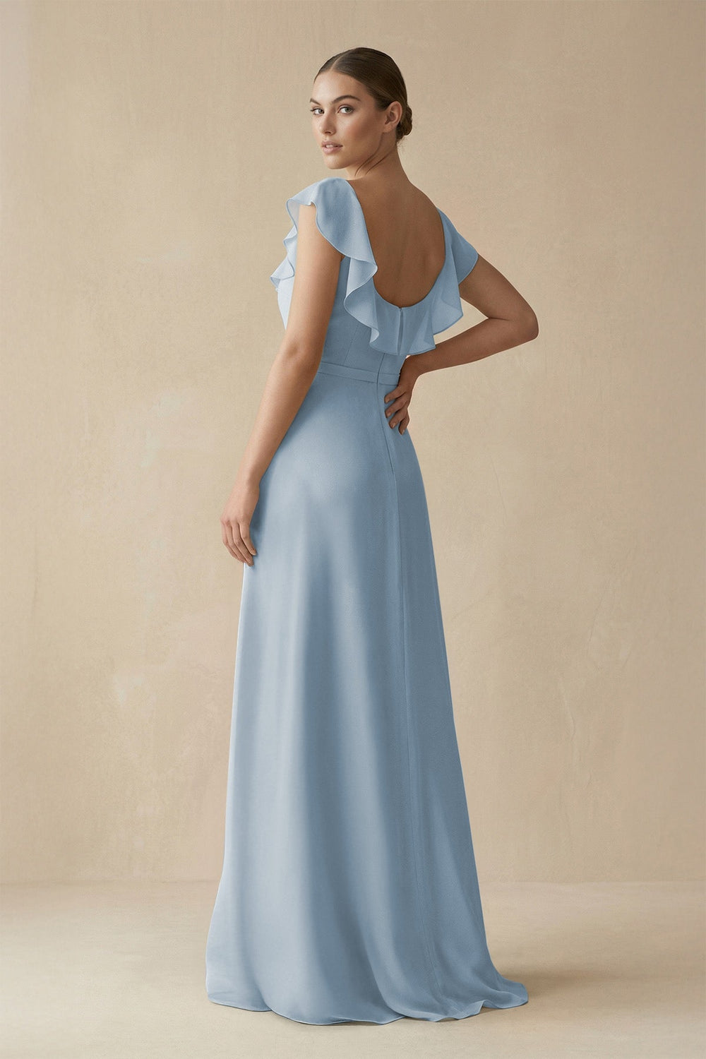 Square Neck A - Line Bridesmaid Dress with Ruffles in Dusty Blue - KISS BRIDAL Bridesmaid Dresses