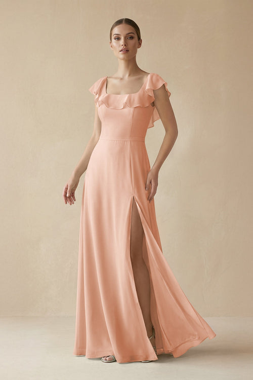 Square Neck A - Line Bridesmaid Dress with Ruffles in English Rose - KISS BRIDAL Bridesmaid Dresses