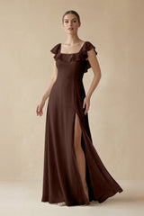 Square Neck A - Line Bridesmaid Dress with Ruffles in Espresso - KISS BRIDAL Bridesmaid Dresses