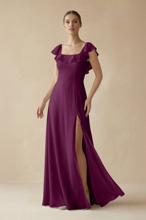 Square Neck A - Line Bridesmaid Dress with Ruffles in Fig - KISS BRIDAL Bridesmaid Dresses