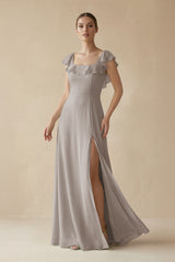 Square Neck A - Line Bridesmaid Dress with Ruffles in Frost - KISS BRIDAL Bridesmaid Dresses