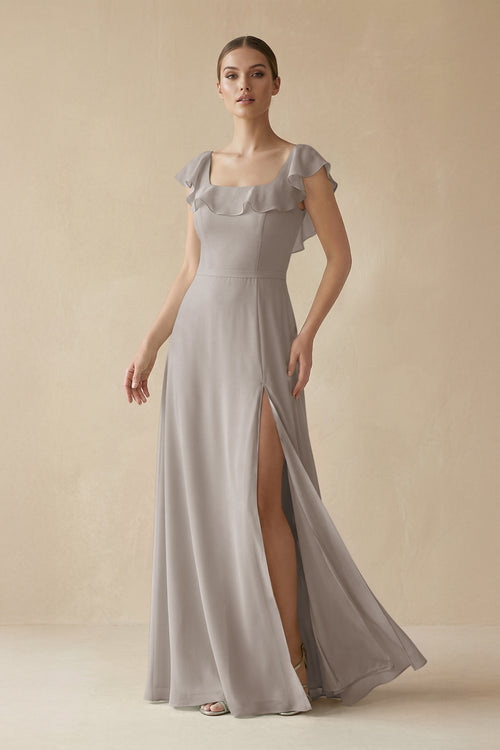 Square Neck A - Line Bridesmaid Dress with Ruffles in Frost - KISS BRIDAL Bridesmaid Dresses