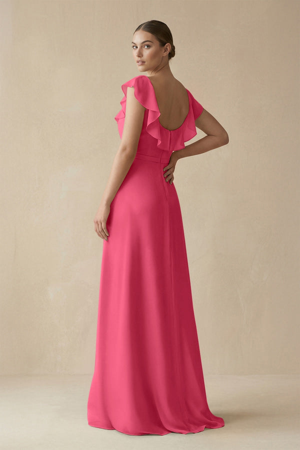 Square Neck A - Line Bridesmaid Dress with Ruffles in Fuchsia - KISS BRIDAL Bridesmaid Dresses
