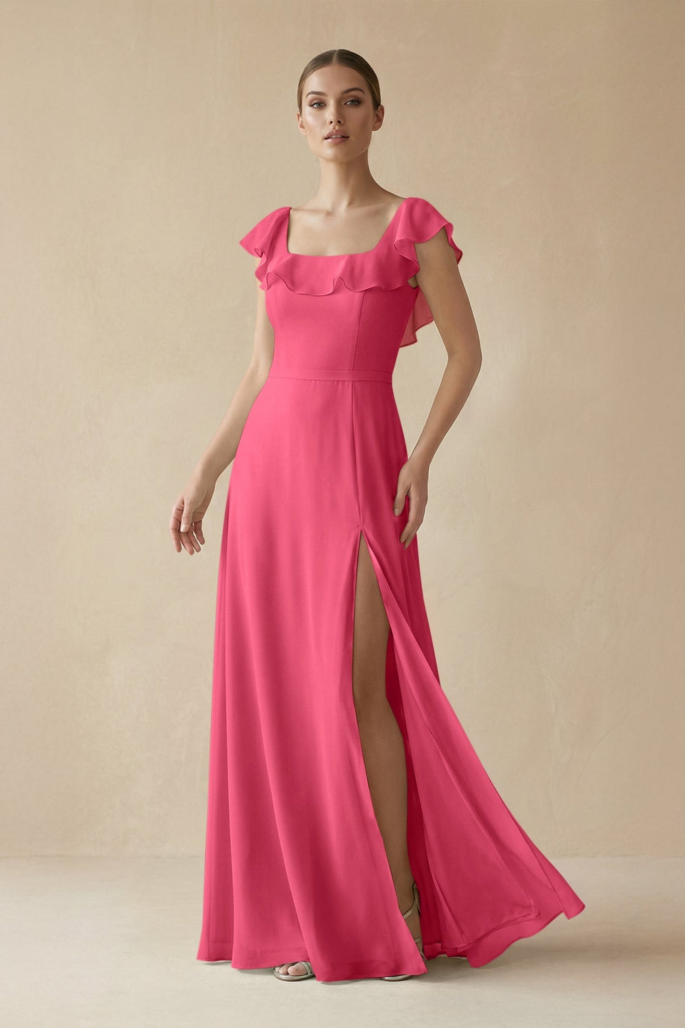 Square Neck A - Line Bridesmaid Dress with Ruffles in Fuchsia - KISS BRIDAL Bridesmaid Dresses