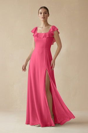 Square Neck A - Line Bridesmaid Dress with Ruffles in Fuchsia - KISS BRIDAL Bridesmaid Dresses