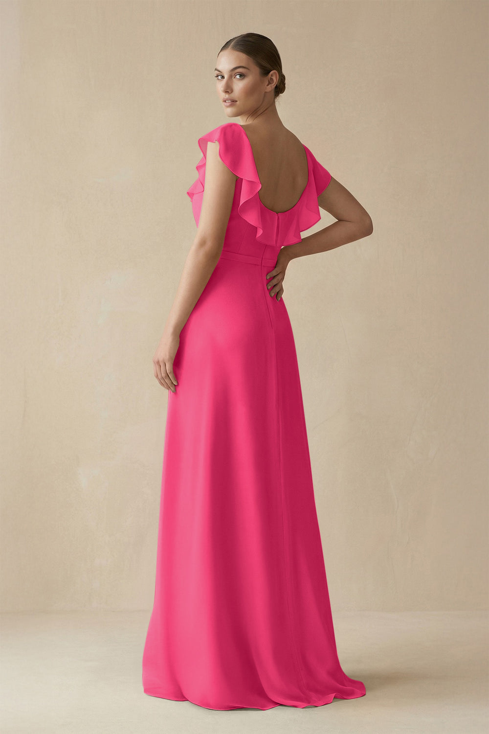 Square Neck A-Line Bridesmaid Dress with Ruffles in Fuchsia