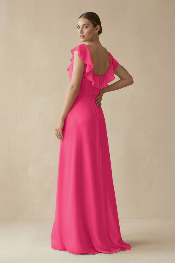 Square Neck A - Line Bridesmaid Dress with Ruffles in Fuchsia - KISS BRIDAL Bridesmaid Dresses