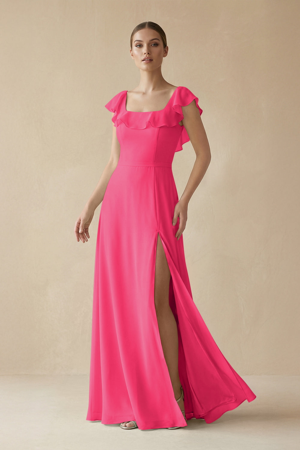 Square Neck A-Line Bridesmaid Dress with Ruffles in Fuchsia