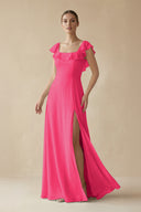 Square Neck A - Line Bridesmaid Dress with Ruffles in Fuchsia - KISS BRIDAL Bridesmaid Dresses