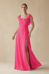 Square Neck A - Line Bridesmaid Dress with Ruffles in Fuchsia - KISS BRIDAL Bridesmaid Dresses