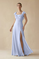 Square Neck A - Line Bridesmaid Dress with Ruffles in Ice - KISS BRIDAL Bridesmaid Dresses