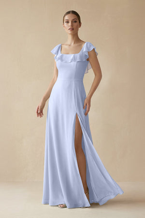 Square Neck A - Line Bridesmaid Dress with Ruffles in Ice - KISS BRIDAL Bridesmaid Dresses