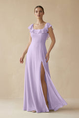 Square Neck A - Line Bridesmaid Dress with Ruffles in Lavender - KISS BRIDAL Bridesmaid Dresses
