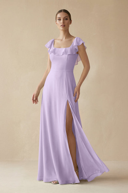 Square Neck A - Line Bridesmaid Dress with Ruffles in Lavender - KISS BRIDAL Bridesmaid Dresses