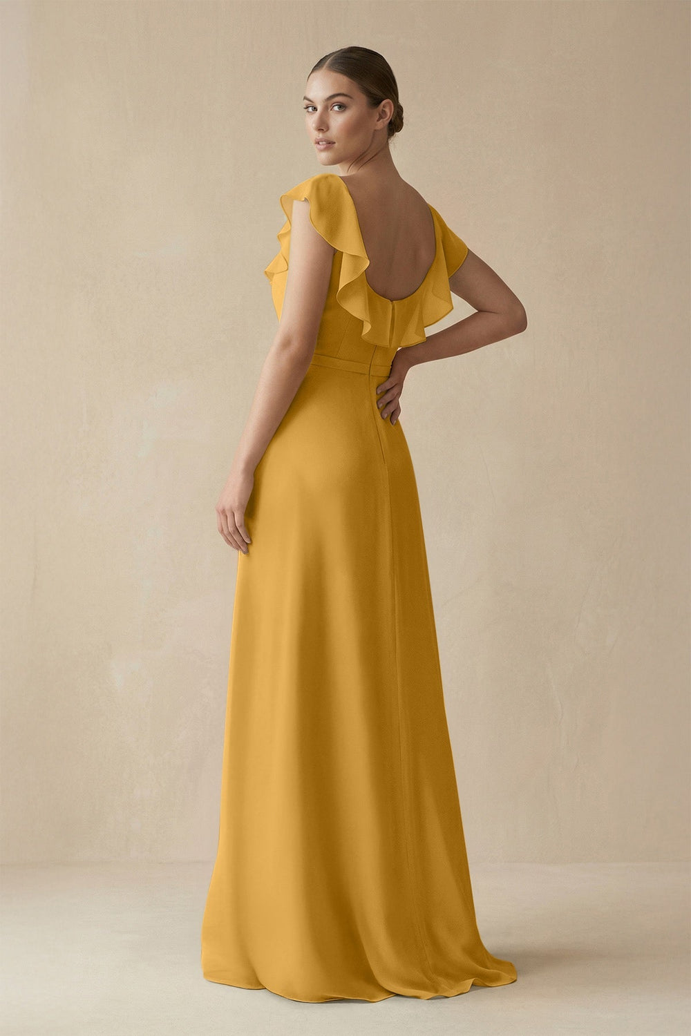 Square Neck A - Line Bridesmaid Dress with Ruffles in Marigold - SHE IS ME Bridesmaid Dresses