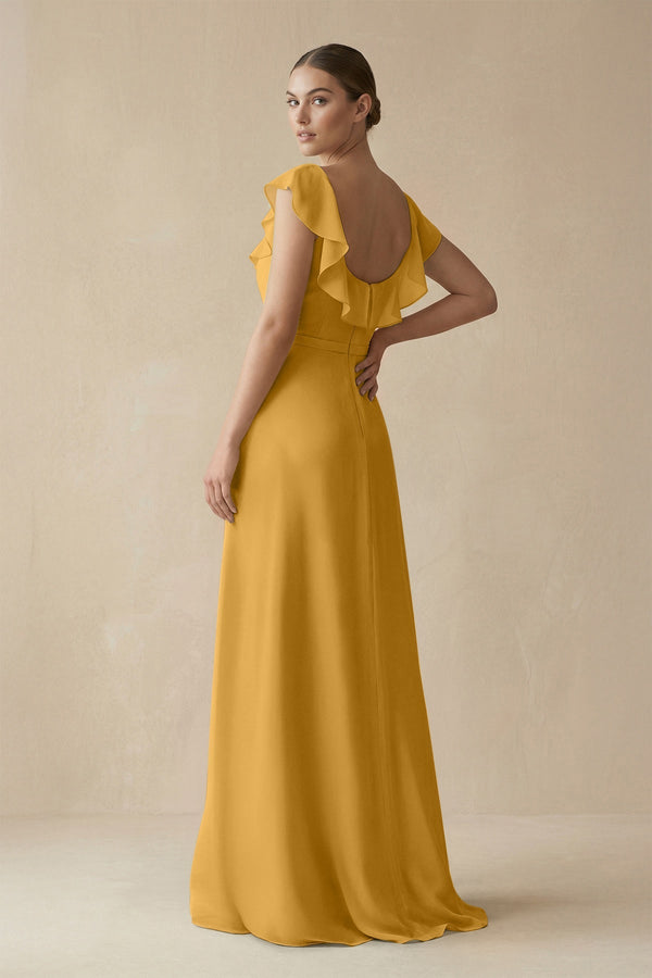 Square Neck A - Line Bridesmaid Dress with Ruffles in Marigold - KISS BRIDAL Bridesmaid Dresses