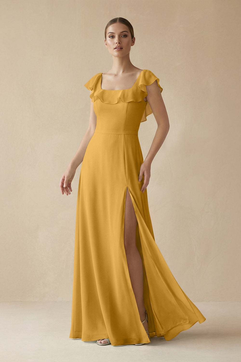 Square Neck A - Line Bridesmaid Dress with Ruffles in Marigold - SHE IS ME Bridesmaid Dresses