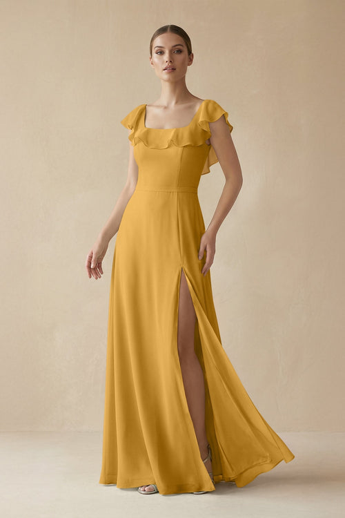 Square Neck A - Line Bridesmaid Dress with Ruffles in Marigold - KISS BRIDAL Bridesmaid Dresses