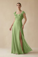 Square Neck A - Line Bridesmaid Dress with Ruffles in Matcha - KISS BRIDAL Bridesmaid Dresses