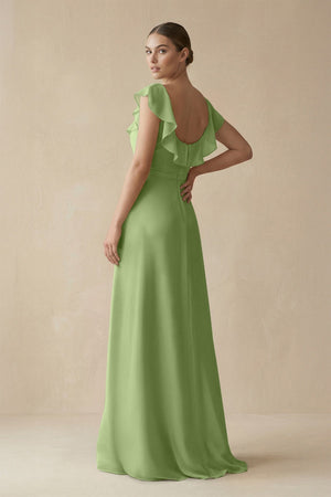 Square Neck A - Line Bridesmaid Dress with Ruffles in Matcha - KISS BRIDAL Bridesmaid Dresses