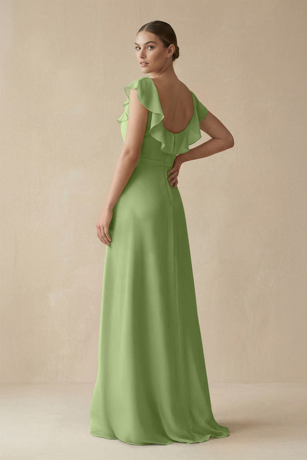 Square Neck A - Line Bridesmaid Dress with Ruffles in Matcha - KISS BRIDAL Bridesmaid Dresses