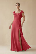 Square Neck A - Line Bridesmaid Dress with Ruffles in Merlot - SHE IS ME Bridesmaid Dresses