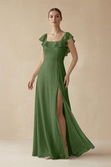 Square Neck A - Line Bridesmaid Dress with Ruffles in Moss - KISS BRIDAL Bridesmaid Dresses