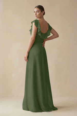 Square Neck A-Line Bridesmaid Dress with Ruffles in Moss (2) | KISSBRIDAL