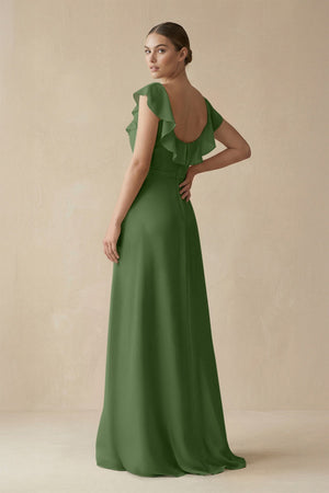 Square Neck A - Line Bridesmaid Dress with Ruffles in Moss - KISS BRIDAL Bridesmaid Dresses
