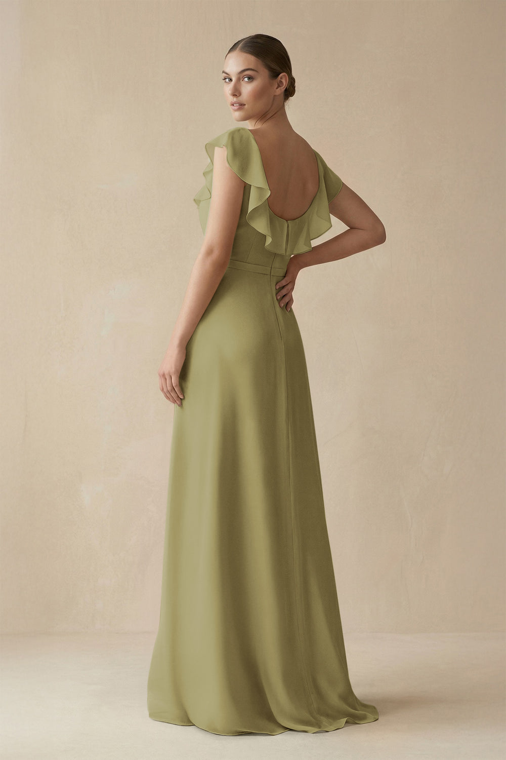 Square Neck A-Line Bridesmaid Dress with Ruffles in Moss Green