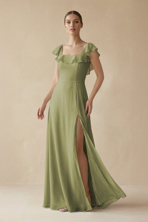 Square Neck A - Line Bridesmaid Dress with Ruffles in Moss Green - KISS BRIDAL Bridesmaid Dresses