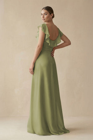 Square Neck A - Line Bridesmaid Dress with Ruffles in Moss Green - KISS BRIDAL Bridesmaid Dresses