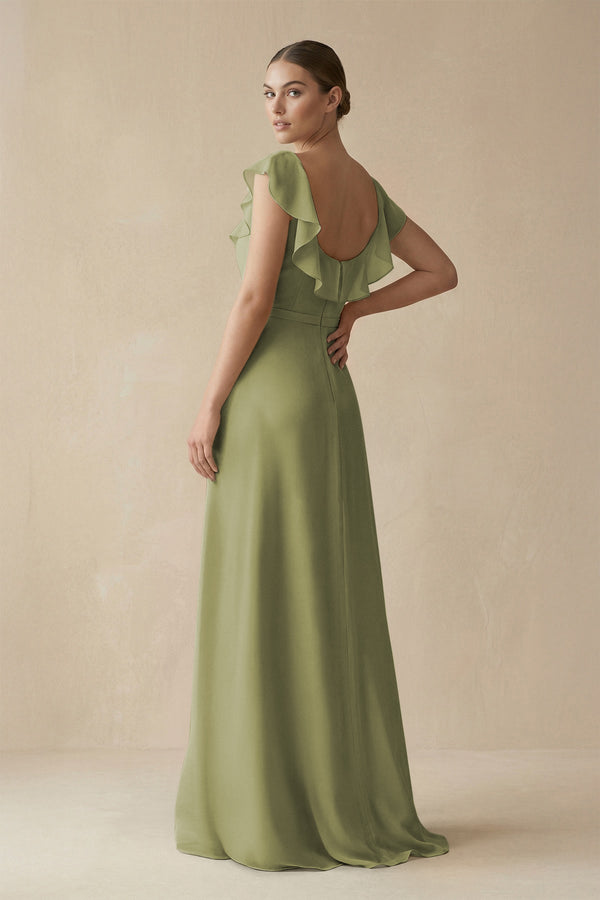 Square Neck A - Line Bridesmaid Dress with Ruffles in Moss Green - KISS BRIDAL Bridesmaid Dresses