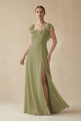 Square Neck A-Line Bridesmaid Dress with Ruffles in Moss Green - KISSBRIDAL