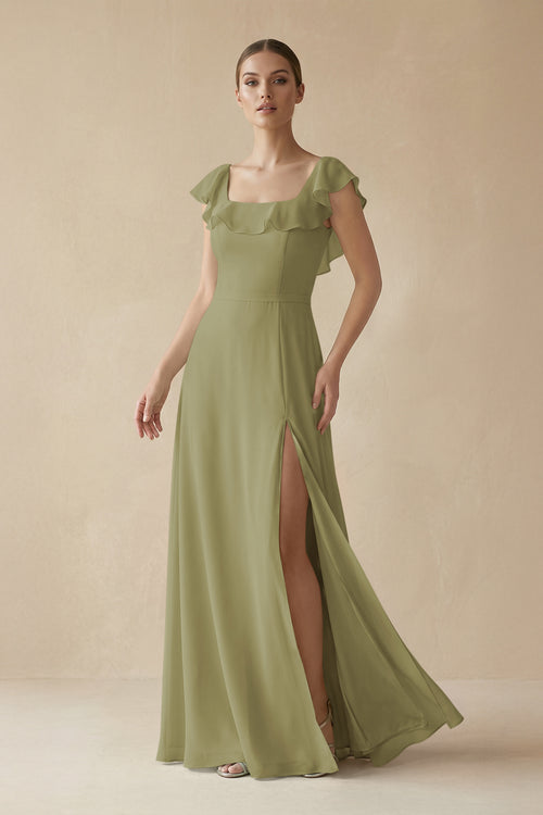 Square Neck A-Line Bridesmaid Dress with Ruffles in Moss Green - KISSBRIDAL
