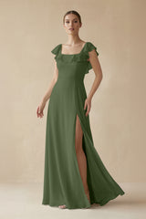 Square Neck A-Line Bridesmaid Dress with Ruffles in Moss | KISSBRIDAL