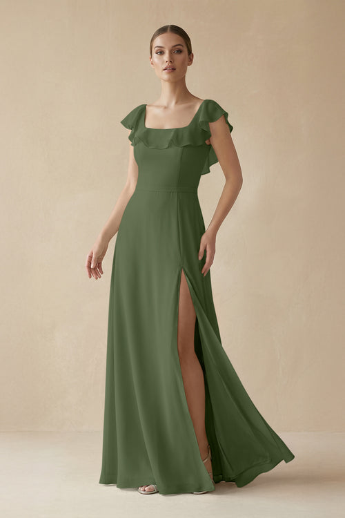 Square Neck A-Line Bridesmaid Dress with Ruffles in Moss | KISSBRIDAL