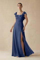 Square Neck A - Line Bridesmaid Dress with Ruffles in Navy - KISS BRIDAL Bridesmaid Dresses