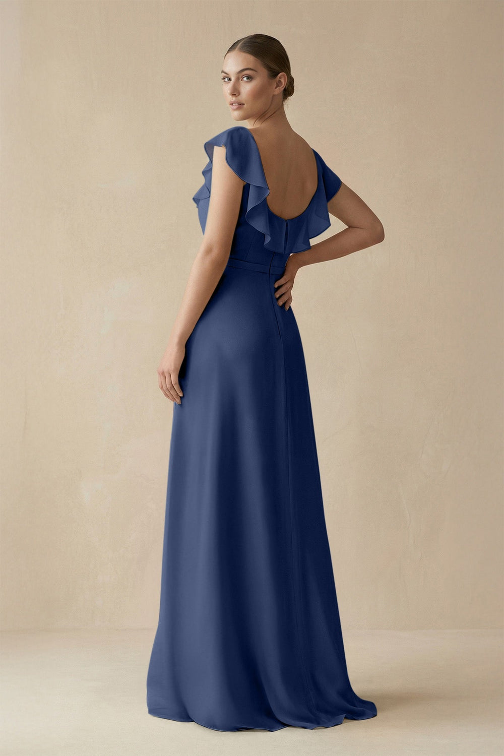 Square Neck A - Line Bridesmaid Dress with Ruffles in Navy - KISS BRIDAL Bridesmaid Dresses