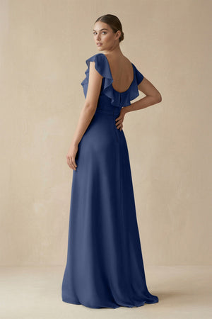 Square Neck A - Line Bridesmaid Dress with Ruffles in Navy - KISS BRIDAL Bridesmaid Dresses